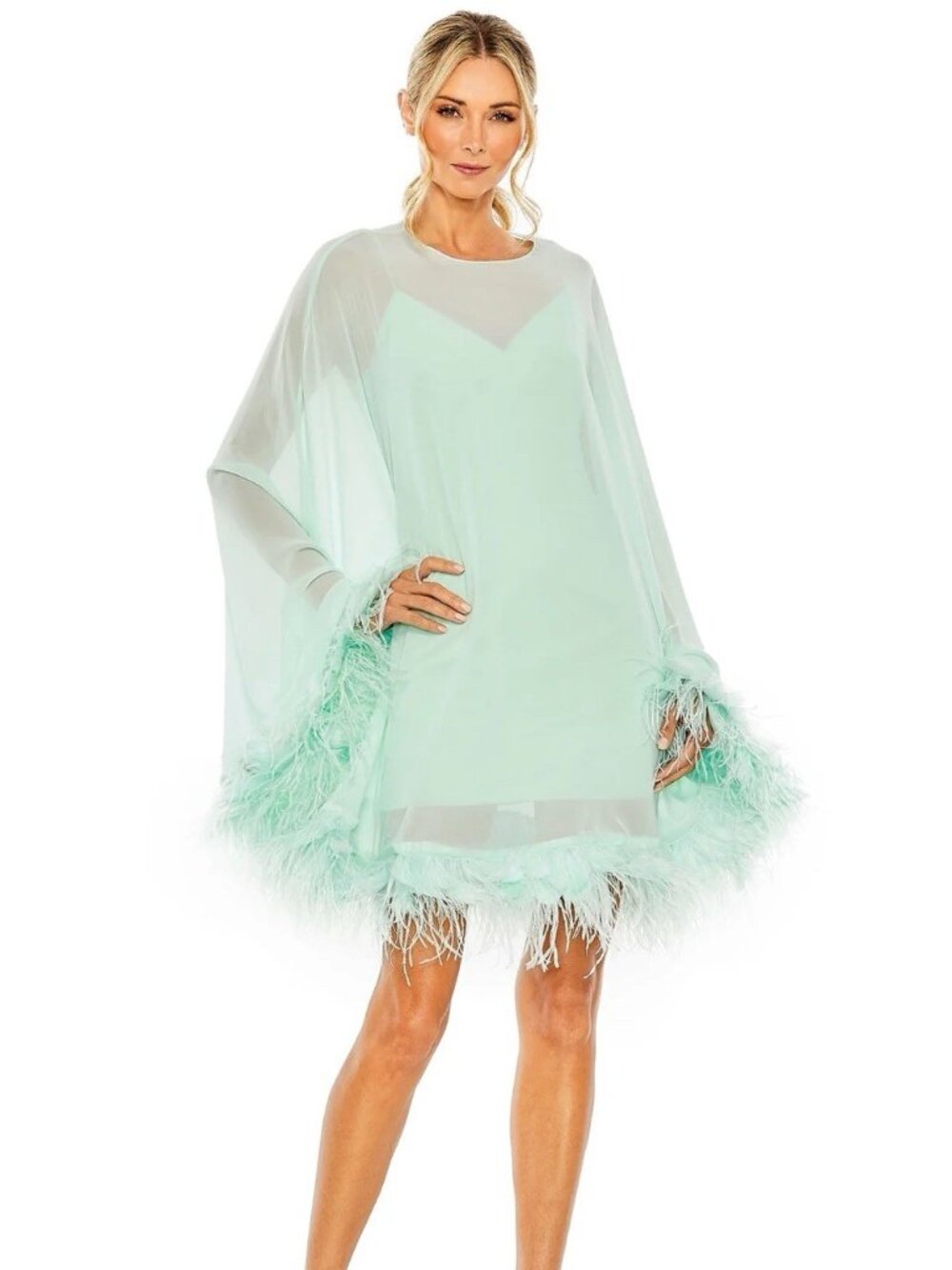 Mac Duggal Size 4 Mint Green 11622 Cape Sleeve Feather Trim Mini Cocktail Dress